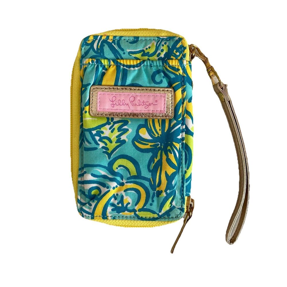 Lilly Pulitzer Wristlet Card Coin Wallet Removable Strap Blue Yellow Gold Floral